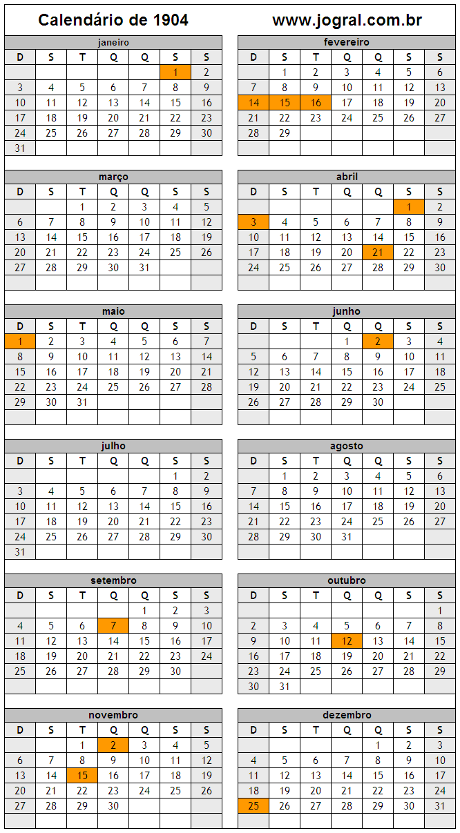 Calendário do Ano 1904 Para Imprimir