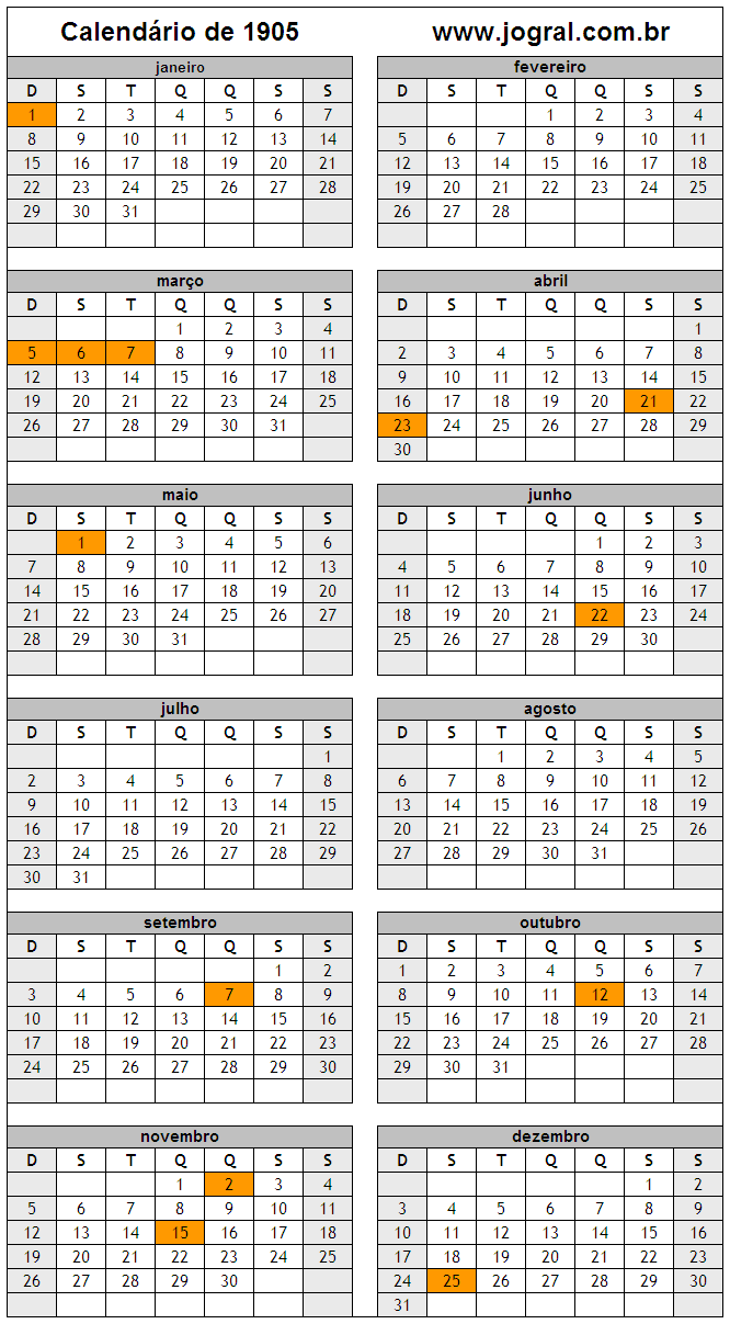 Calendário do Ano 1905 Para Imprimir