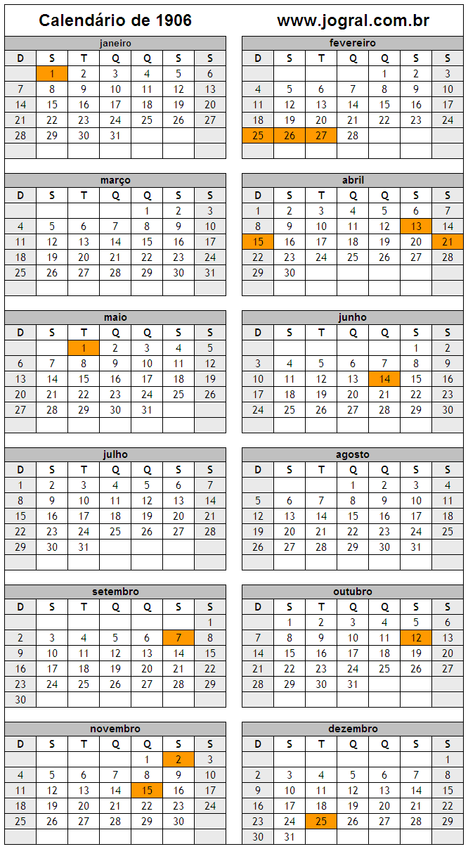 Calendário do Ano 1906 Para Imprimir
