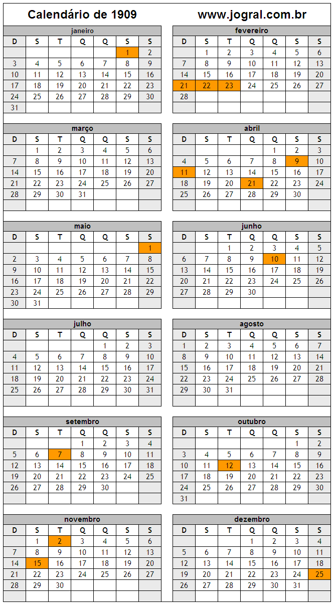 Calendário do Ano 1909 Para Imprimir