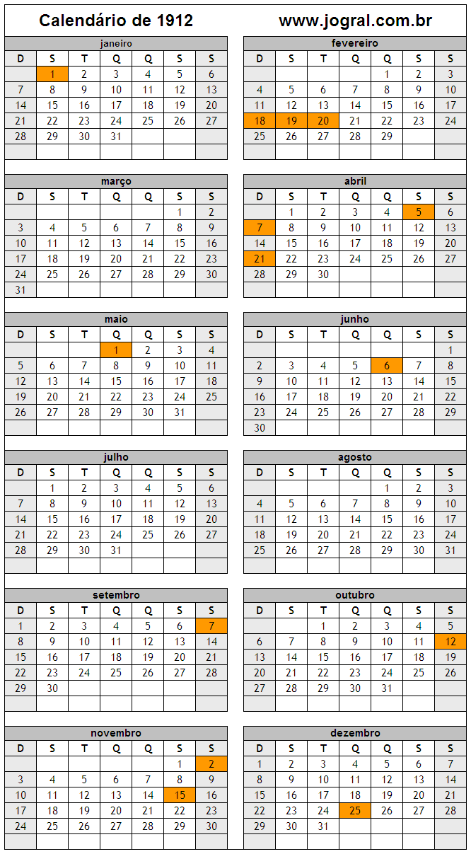 Calendário do Ano 1912 Para Imprimir