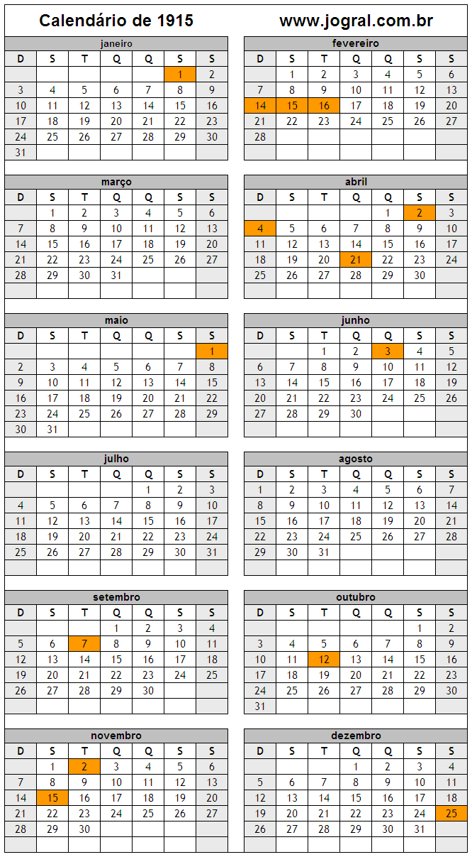 Calendário do Ano 1915 Para Imprimir