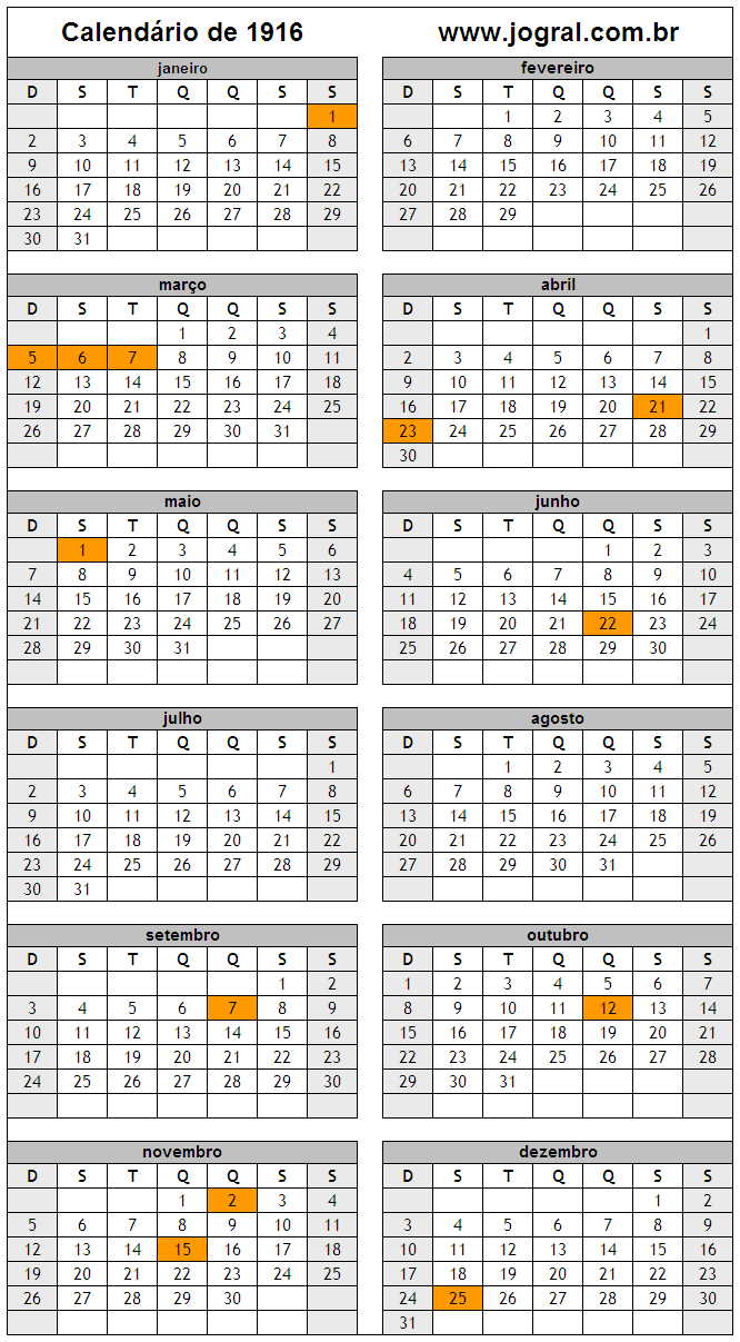 Calendário do Ano 1916 Para Imprimir