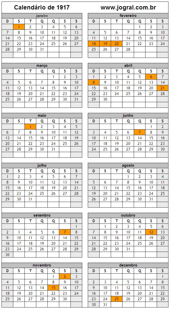 Calendário do Ano 1917 Para Imprimir