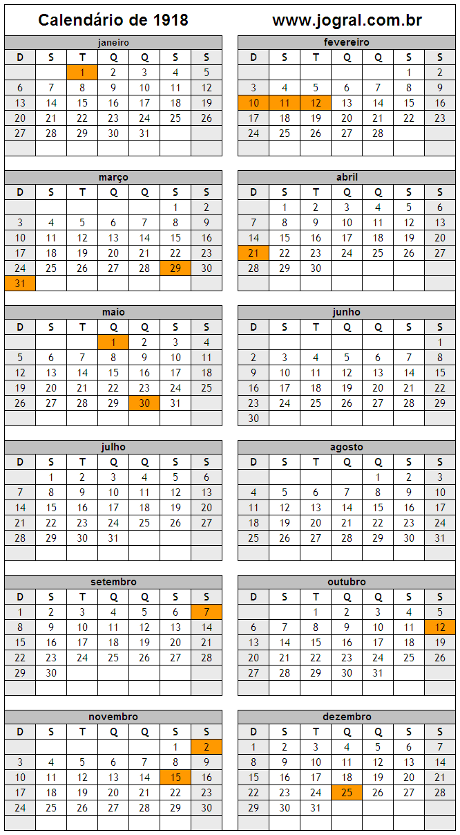 Calendário do Ano 1918 Para Imprimir