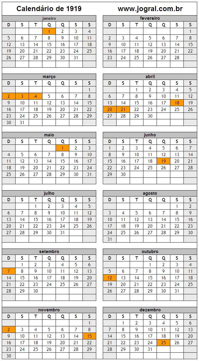 Calendário do Ano 1919 Para Imprimir