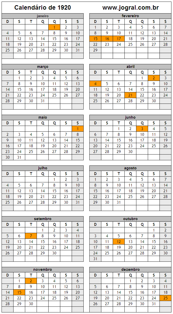 Calendário do Ano 1920 Para Imprimir