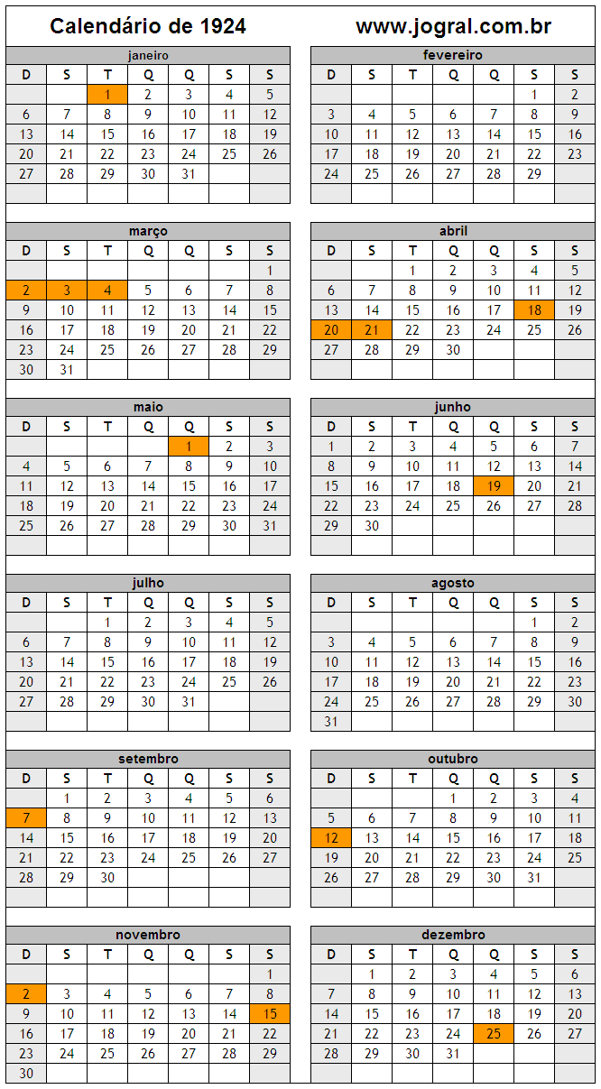 Calendário do Ano 1924 Para Imprimir