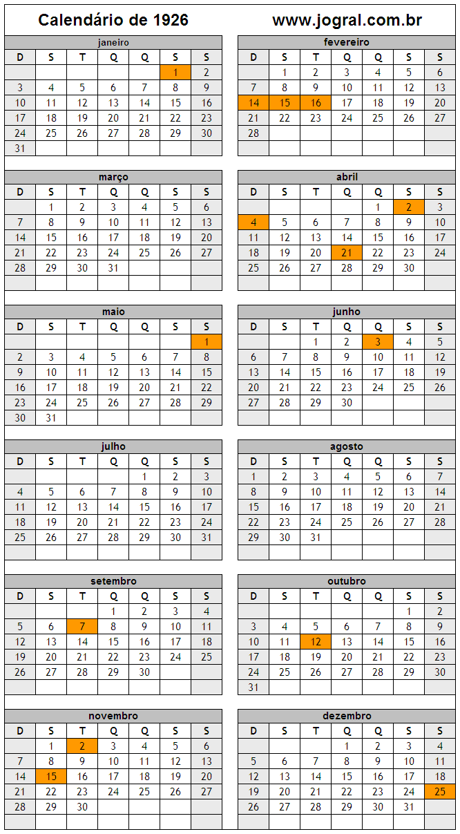 Calendário do Ano 1926 Para Imprimir