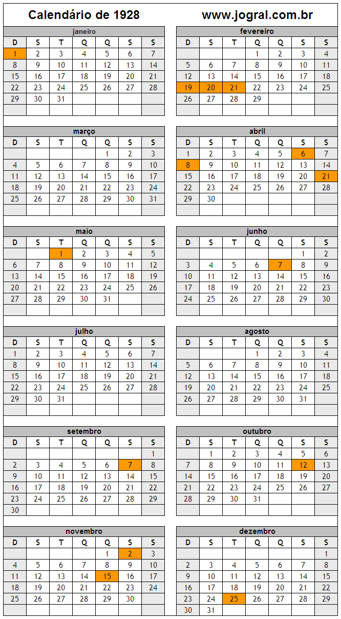 Calendário do Ano 1928 Para Imprimir