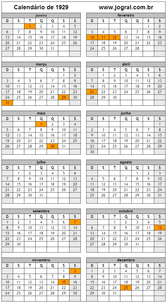 Calendário do Ano 1929 Para Imprimir