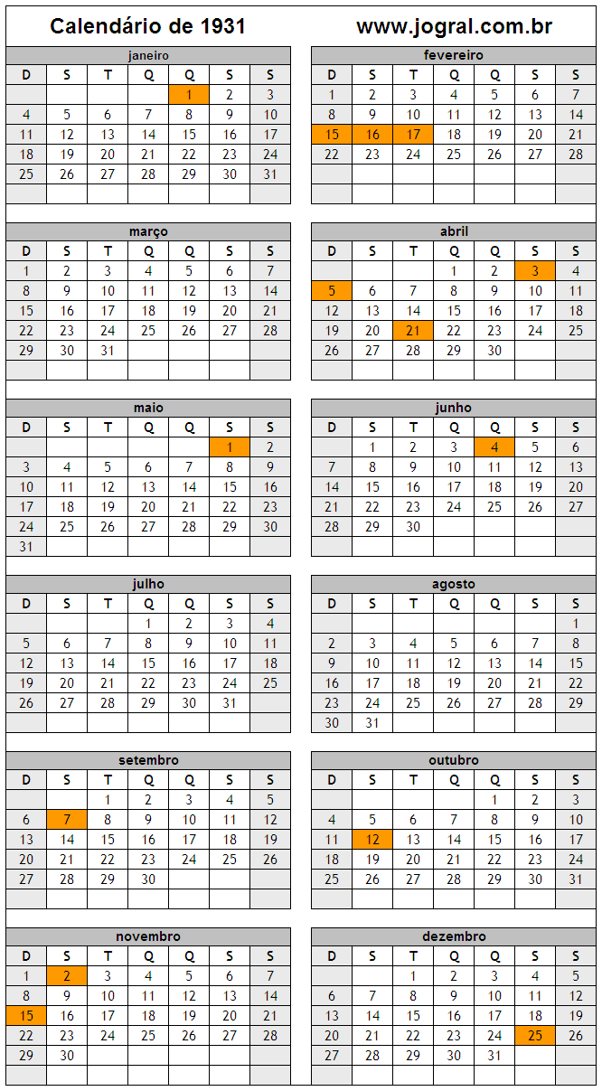 Calendário do Ano 1931 Para Imprimir