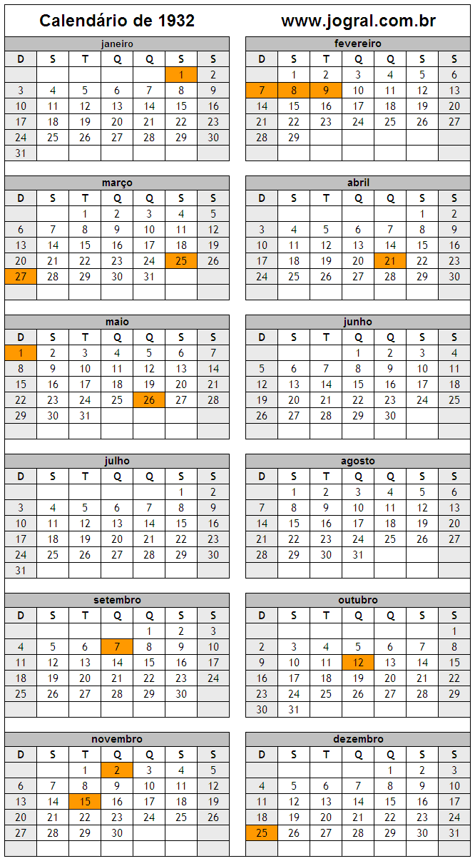 Calendário do Ano 1932 Para Imprimir