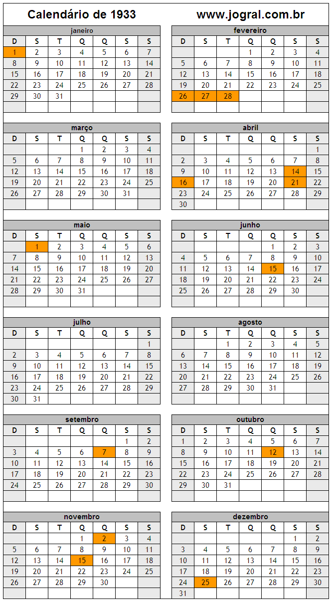 Calendário do Ano 1933 Para Imprimir