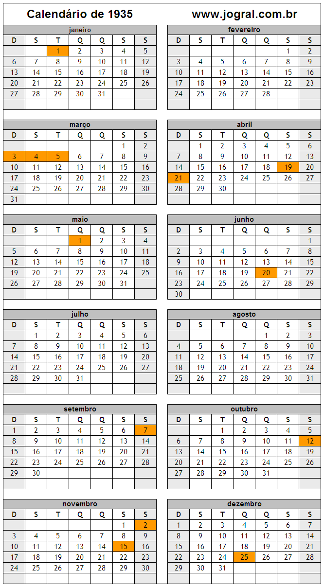 Calendário do Ano 1935 Para Imprimir