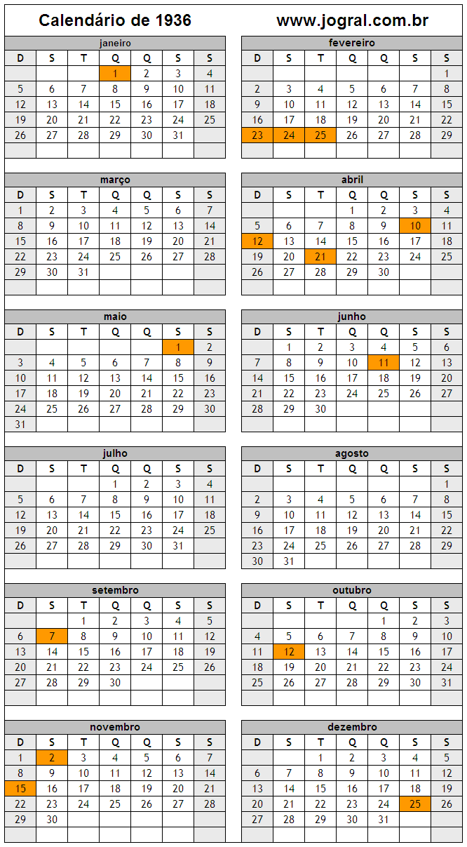 Calendário do Ano 1936 Para Imprimir