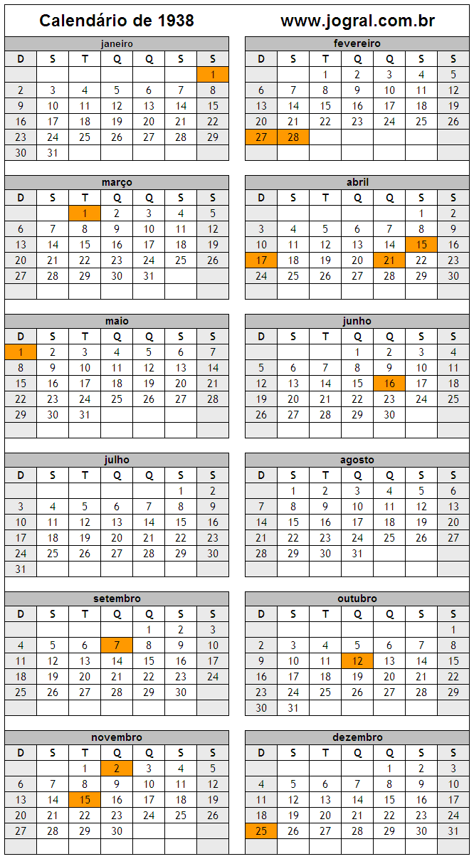 Calendário do Ano 1938 Para Imprimir