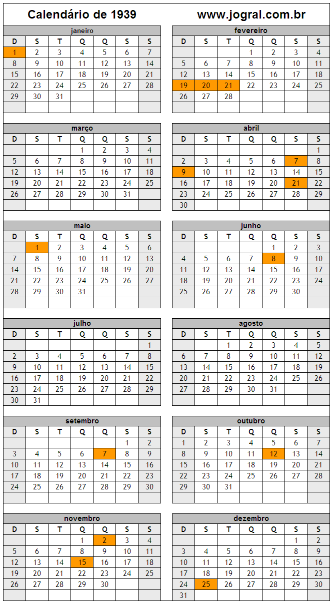 Calendário do Ano 1939 Para Imprimir