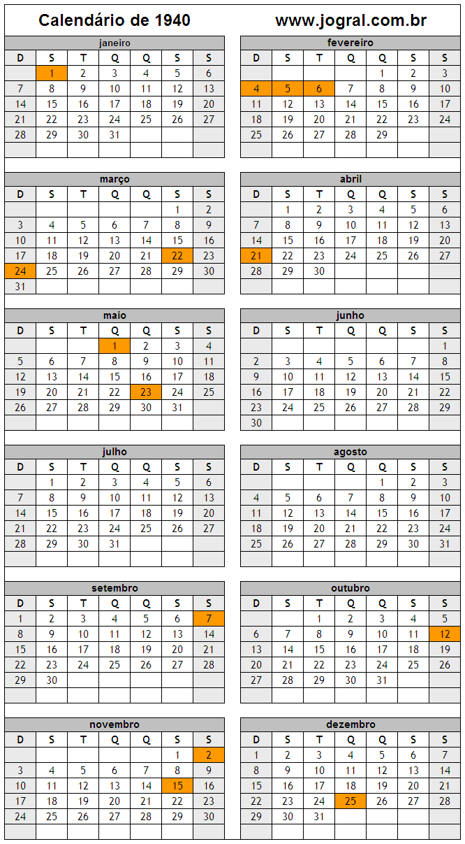 Calendário do Ano 1940 Para Imprimir