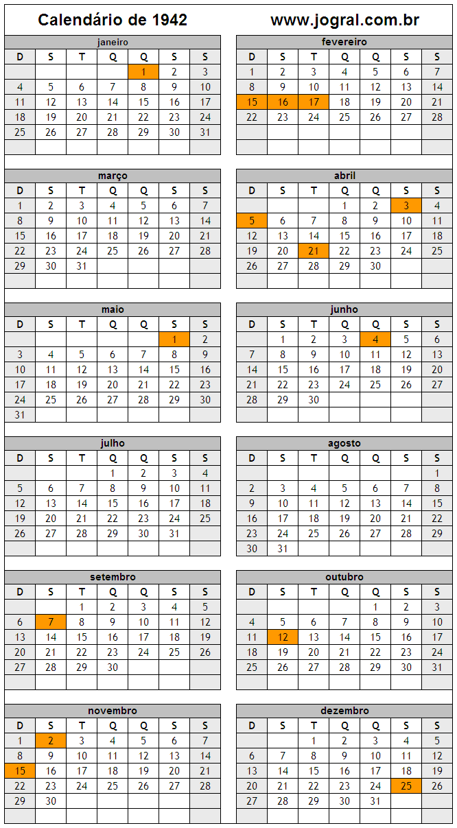 Calendário do Ano 1942 Para Imprimir