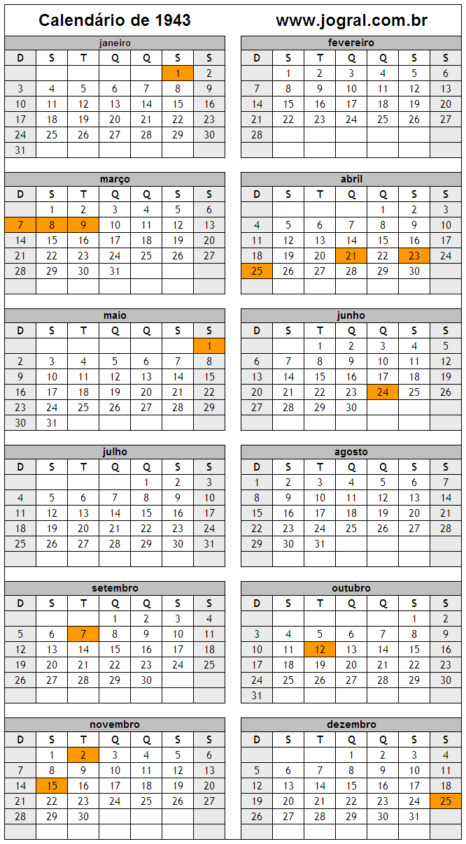 Calendário do Ano 1943 Para Imprimir