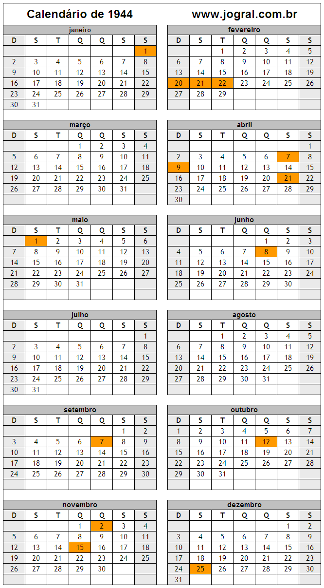 Calendário do Ano 1944 Para Imprimir
