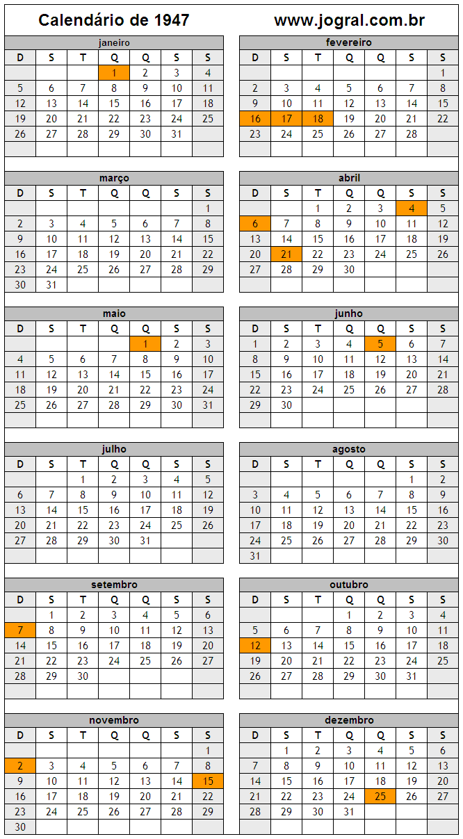Calendário do Ano 1947 Para Imprimir