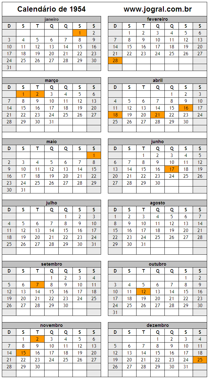 Calendário do Ano 1954 Para Imprimir
