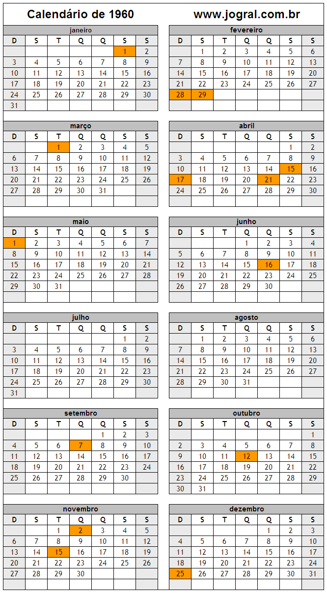 Calendário do Ano 1960 Para Imprimir