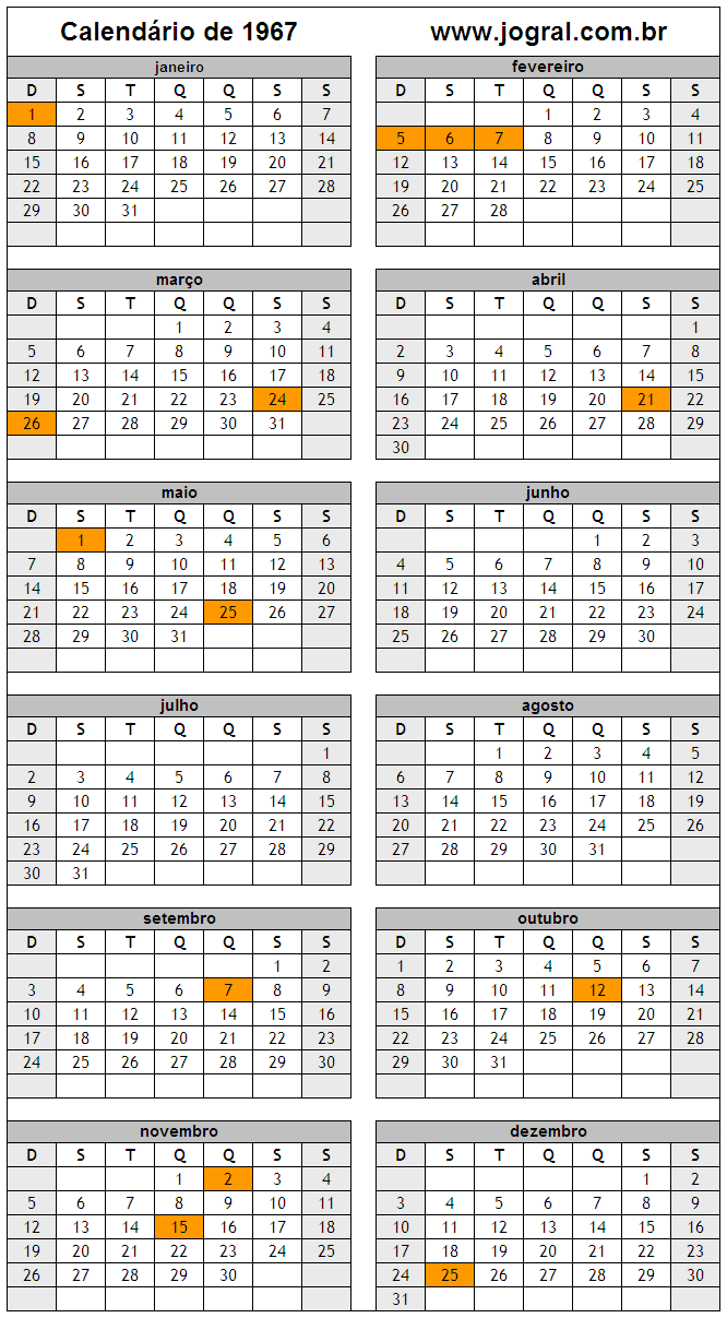 Calendário do Ano 1967 Para Imprimir