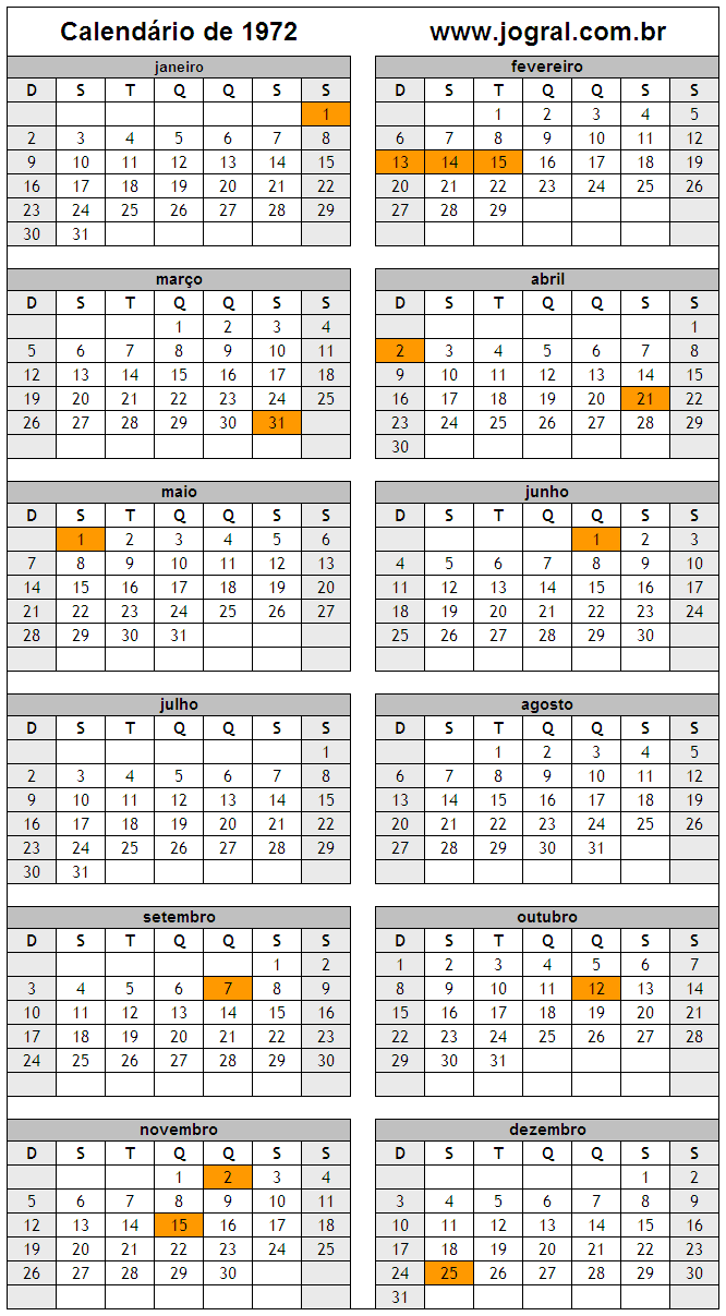 Calendário do Ano 1972 Para Imprimir