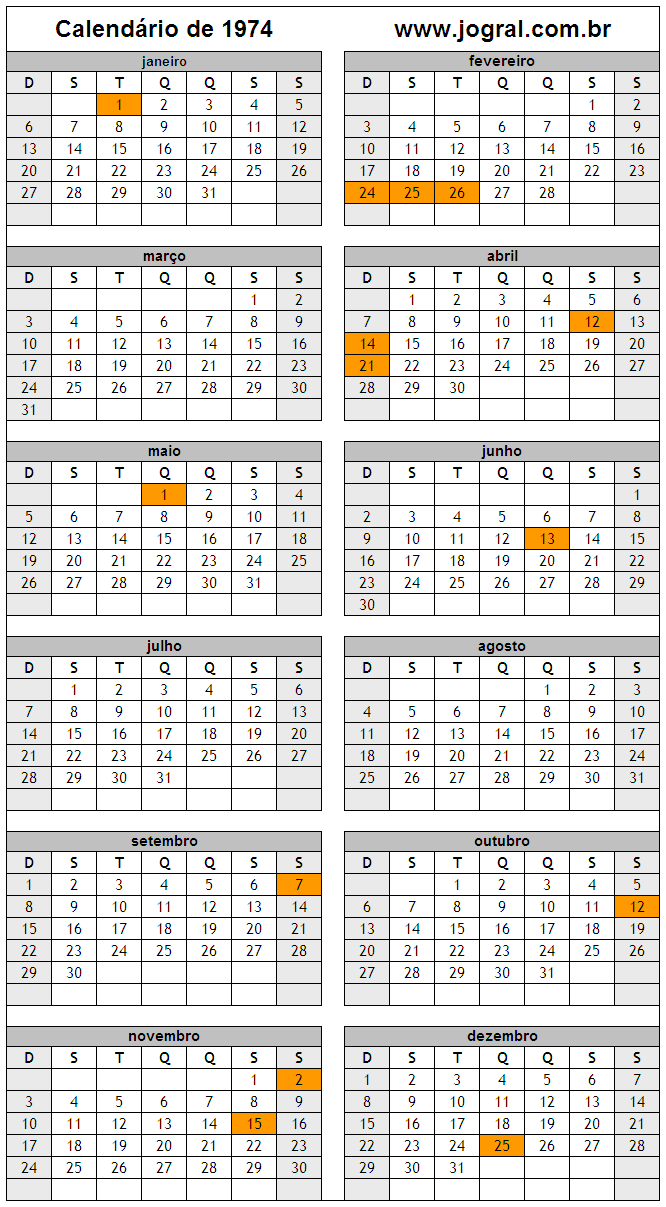 Calendário do Ano 1974 Para Imprimir