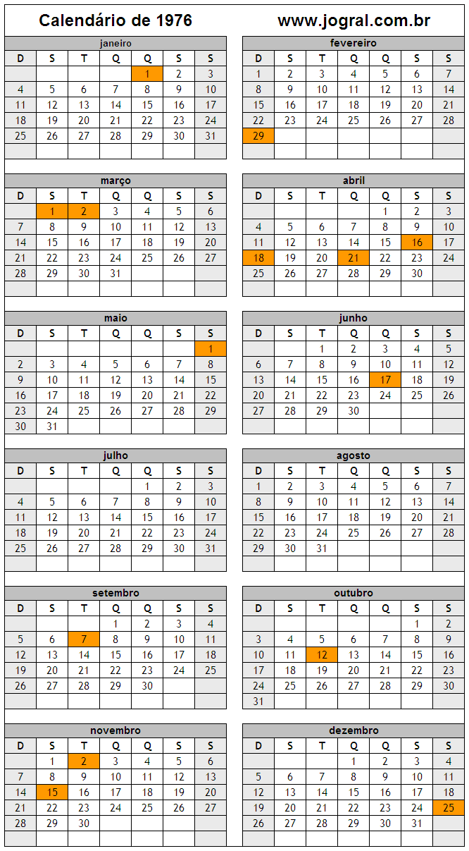 Calendário do Ano 1976 Para Imprimir