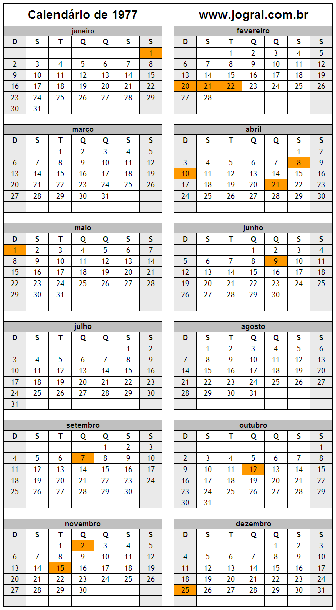 Calendário do Ano 1977 Para Imprimir