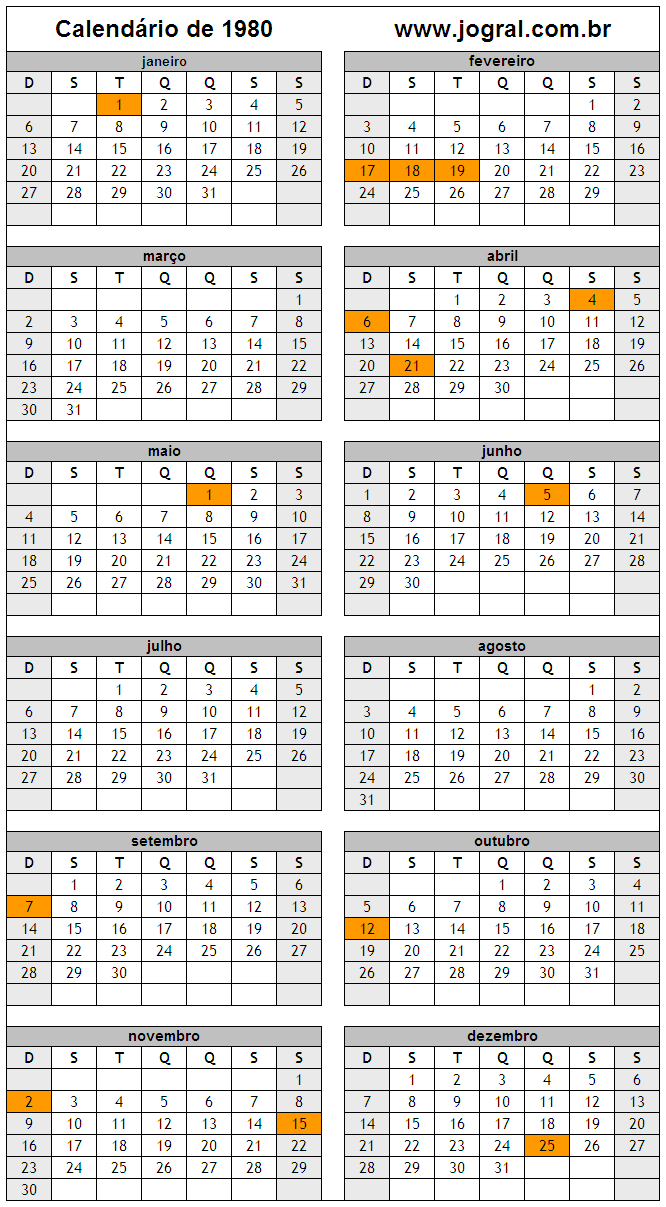 Calendário do Ano 1980 Para Imprimir