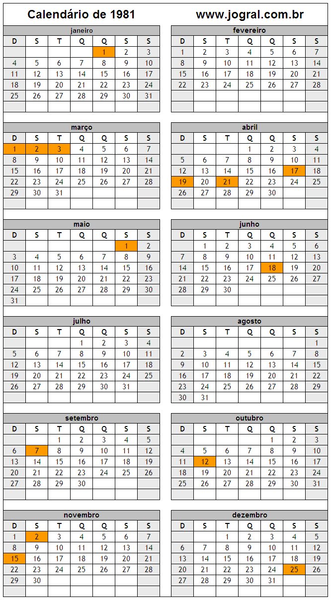 Calendário do Ano 1981 Para Imprimir