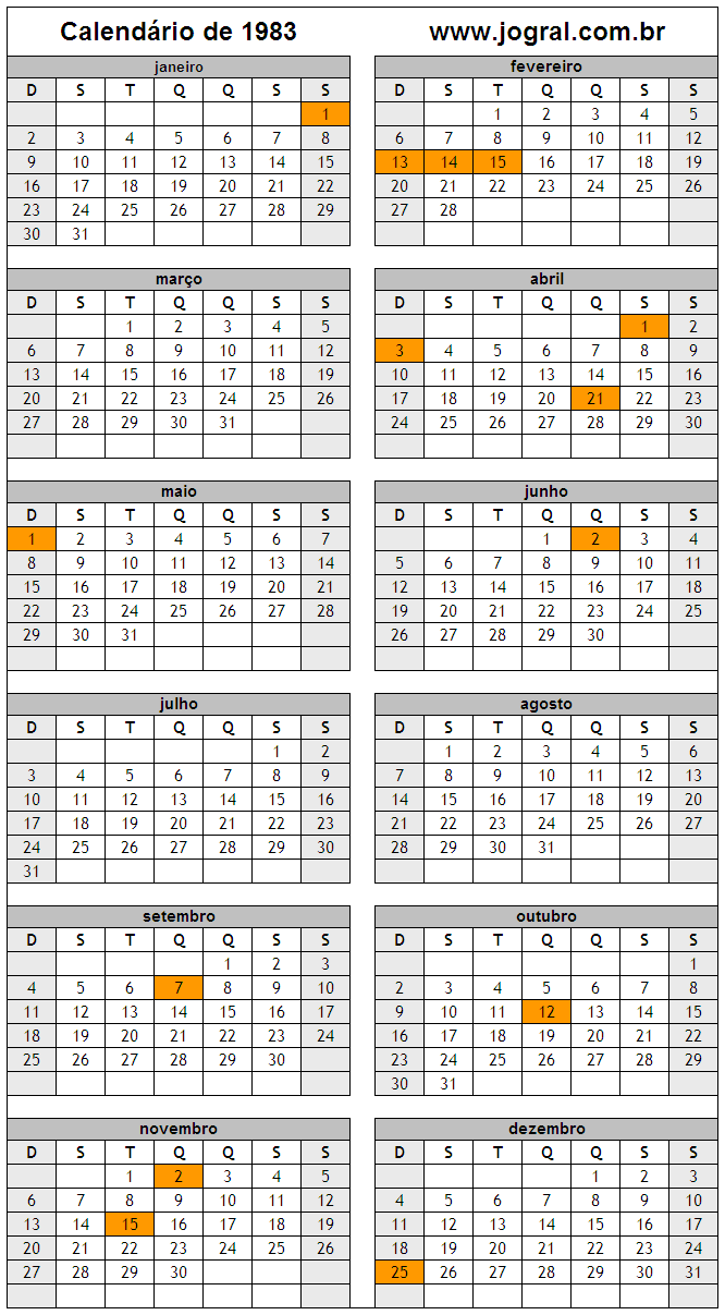 Calendário do Ano 1983 Para Imprimir