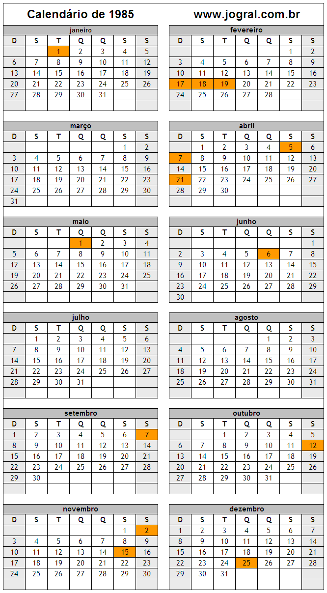 Calendário do Ano 1985 Para Imprimir