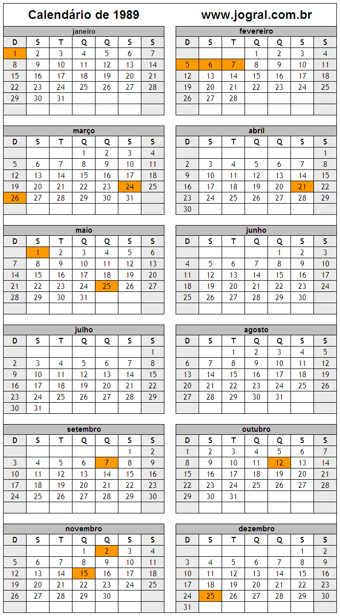 Calendário do Ano 1989 Para Imprimir