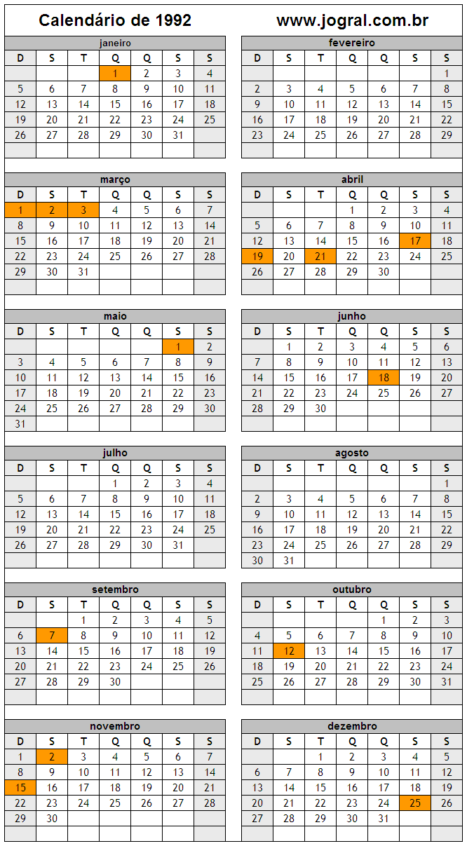 Calendário do Ano 1992 Para Imprimir