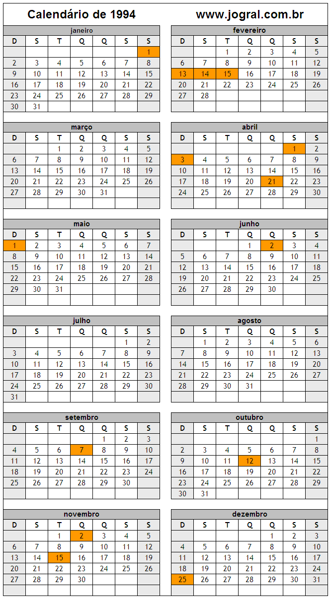 Calendário do Ano 1994 Para Imprimir