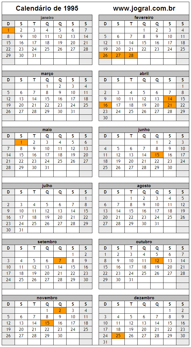 Calendário do Ano 1995 Para Imprimir