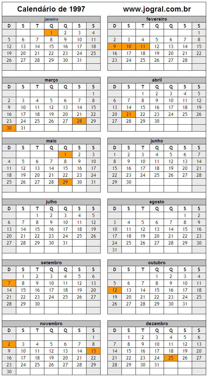 Calendário do Ano 1997 Para Imprimir