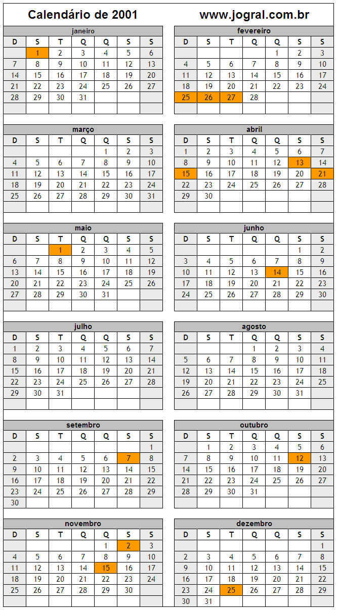 Calendário do Ano 2001 Para Imprimir