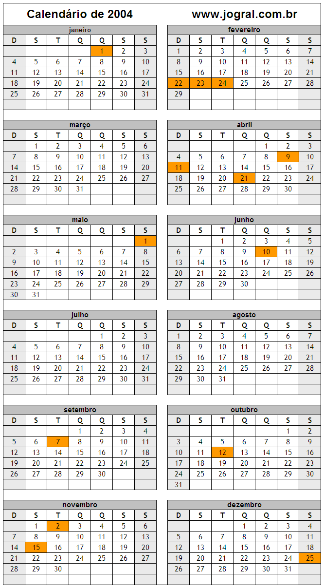 Calendário do Ano 2004 Para Imprimir
