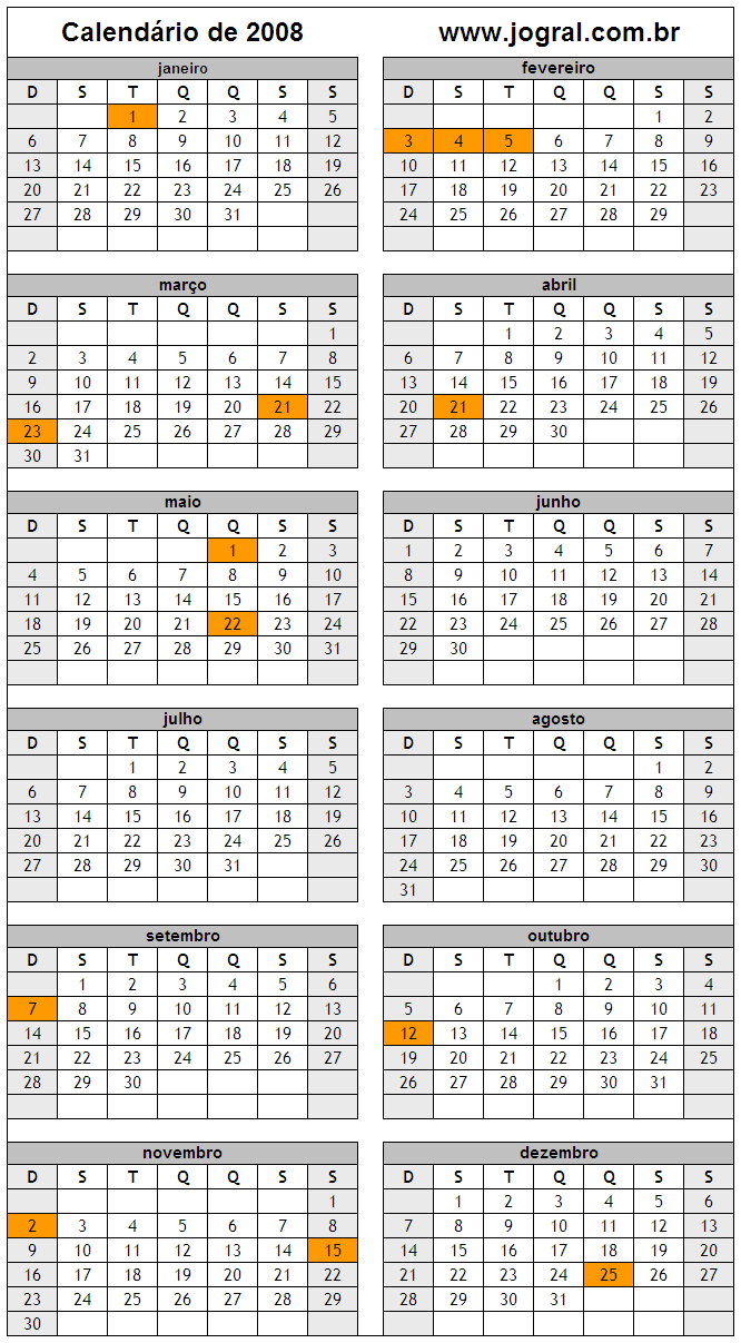Calendário do Ano 2008 Para Imprimir