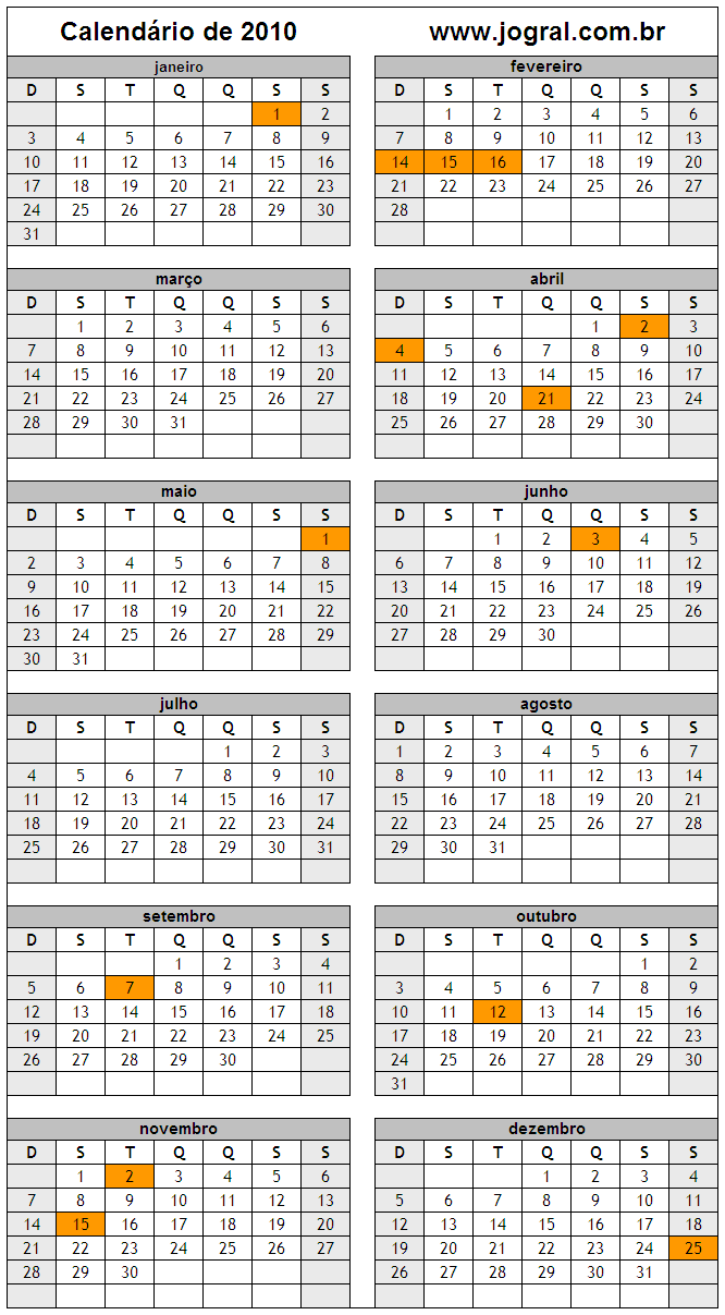 Calendário do Ano 2010 Para Imprimir