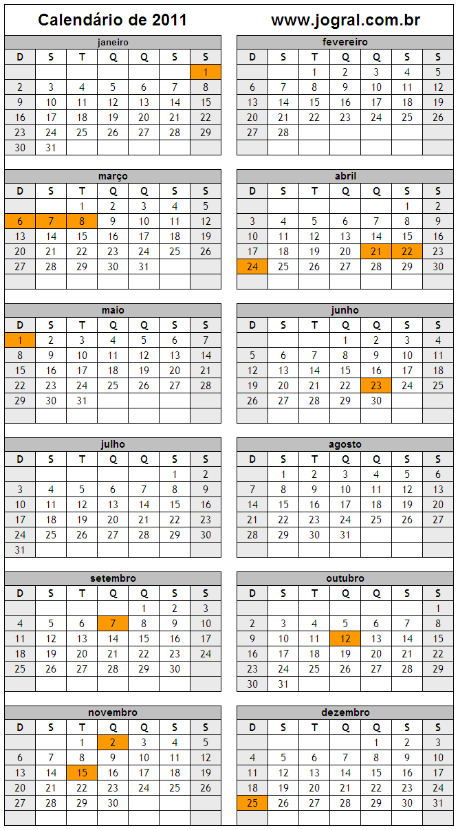 Calendário do Ano 2011 Para Imprimir