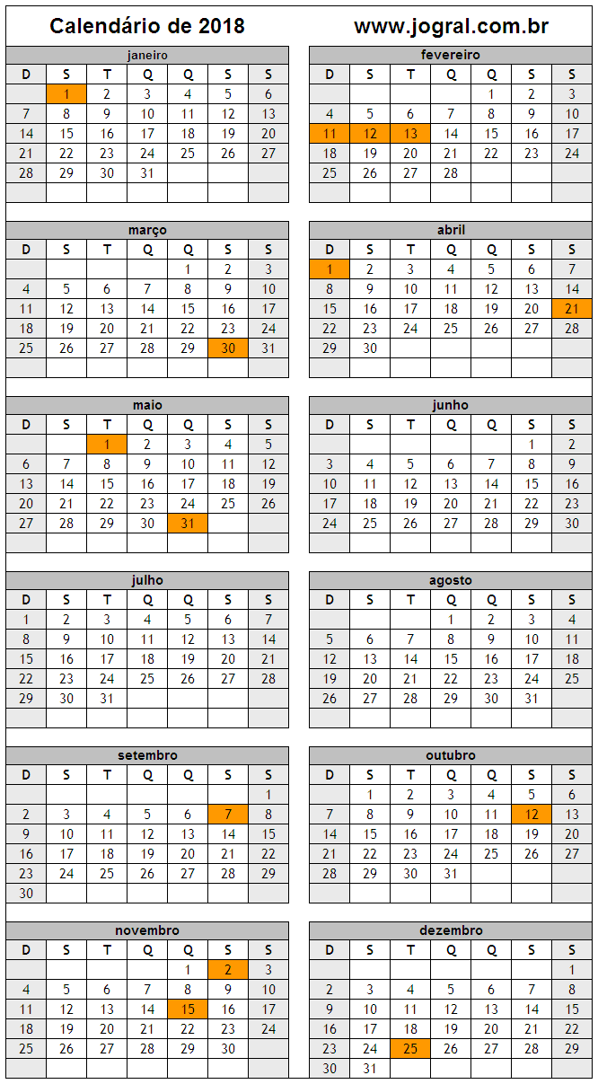 Calendário do Ano 2018 Para Imprimir