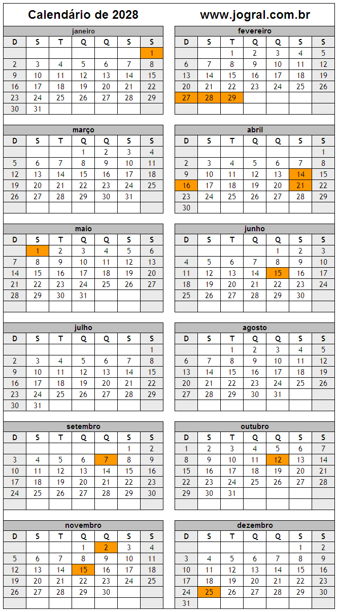 Calendário do Ano 2028 Para Imprimir